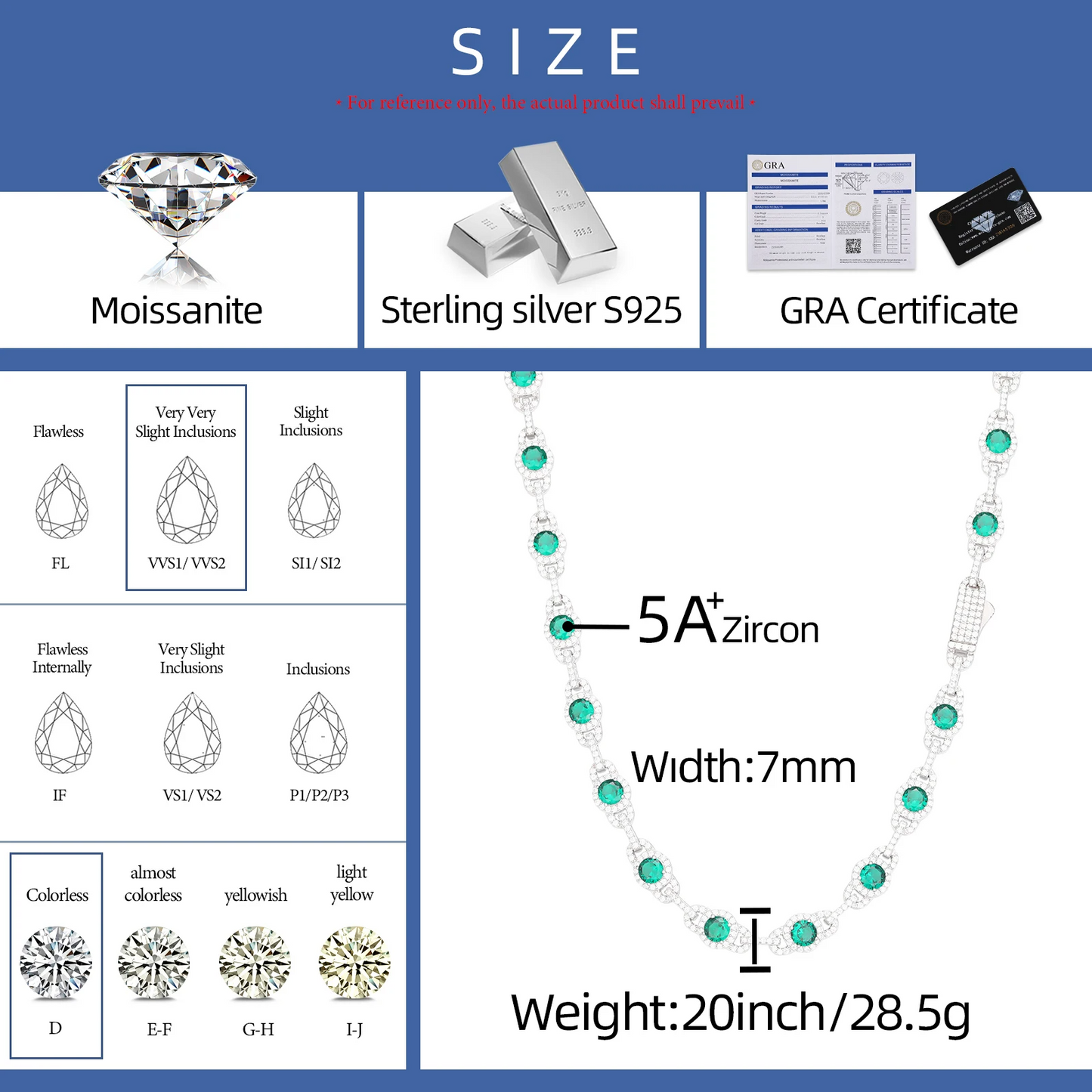 Collana / Bracciale "Green Link" 7mm Argento 925 & VVS Moissanite / Zirconi