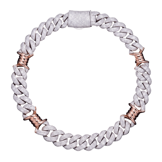 Collana "Two Tone Thorn Cuban" 18mm Argento 925 & VVS Moissanite 4 File