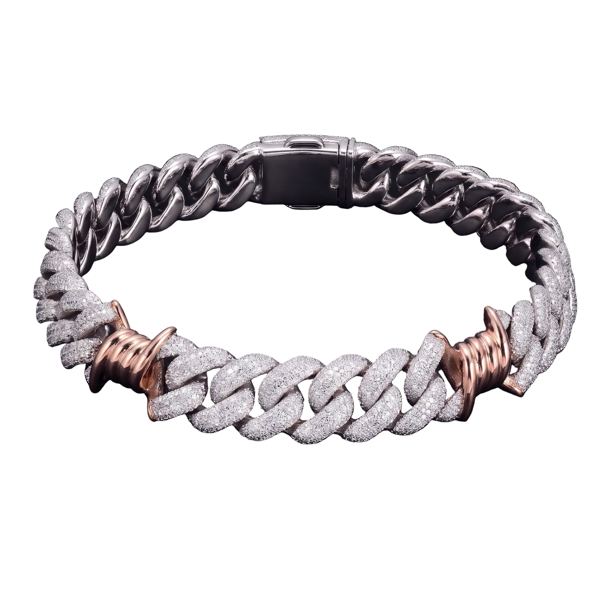 Bracciale "Two Tone Thorn Cuban" 18mm Argento 925 & VVS Moissanite 4 File