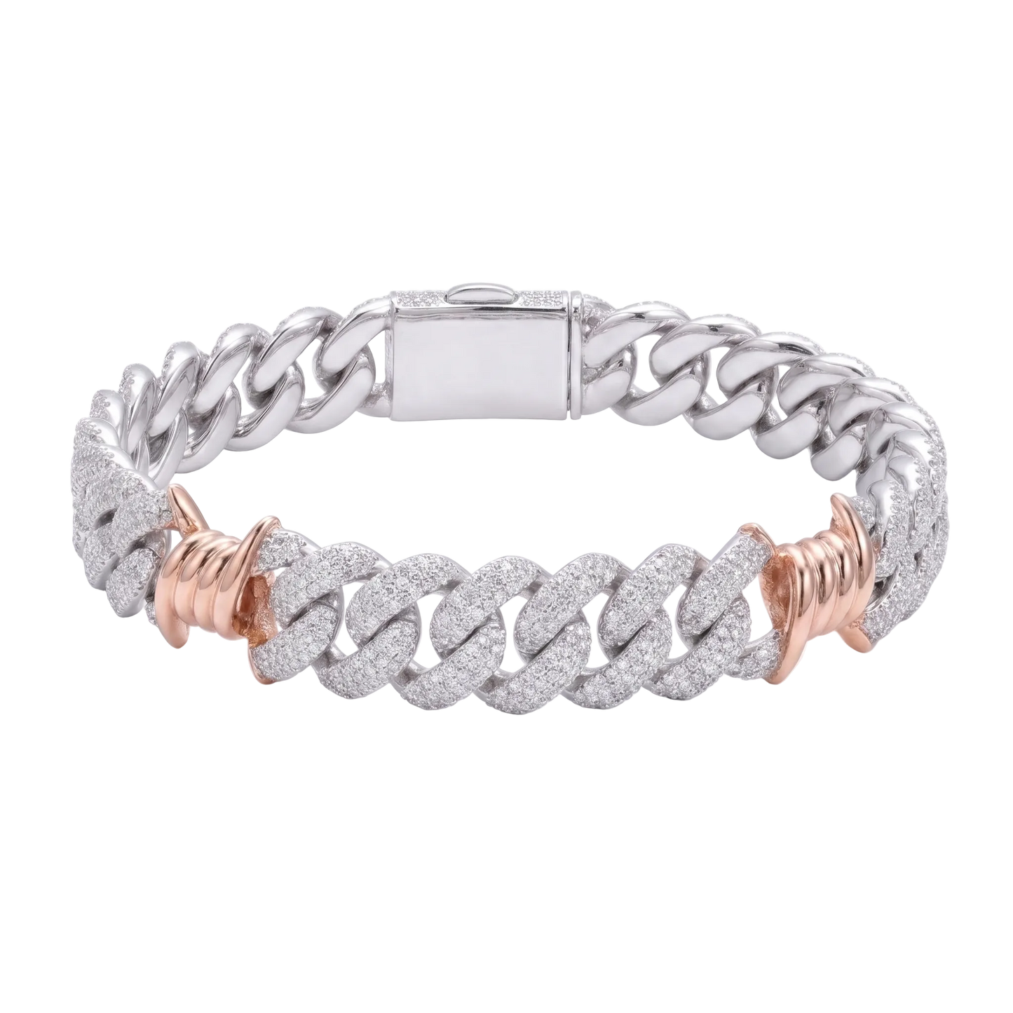 Bracciale "Two Tone Thorn Cuban" 18mm Argento 925 & VVS Moissanite 4 File