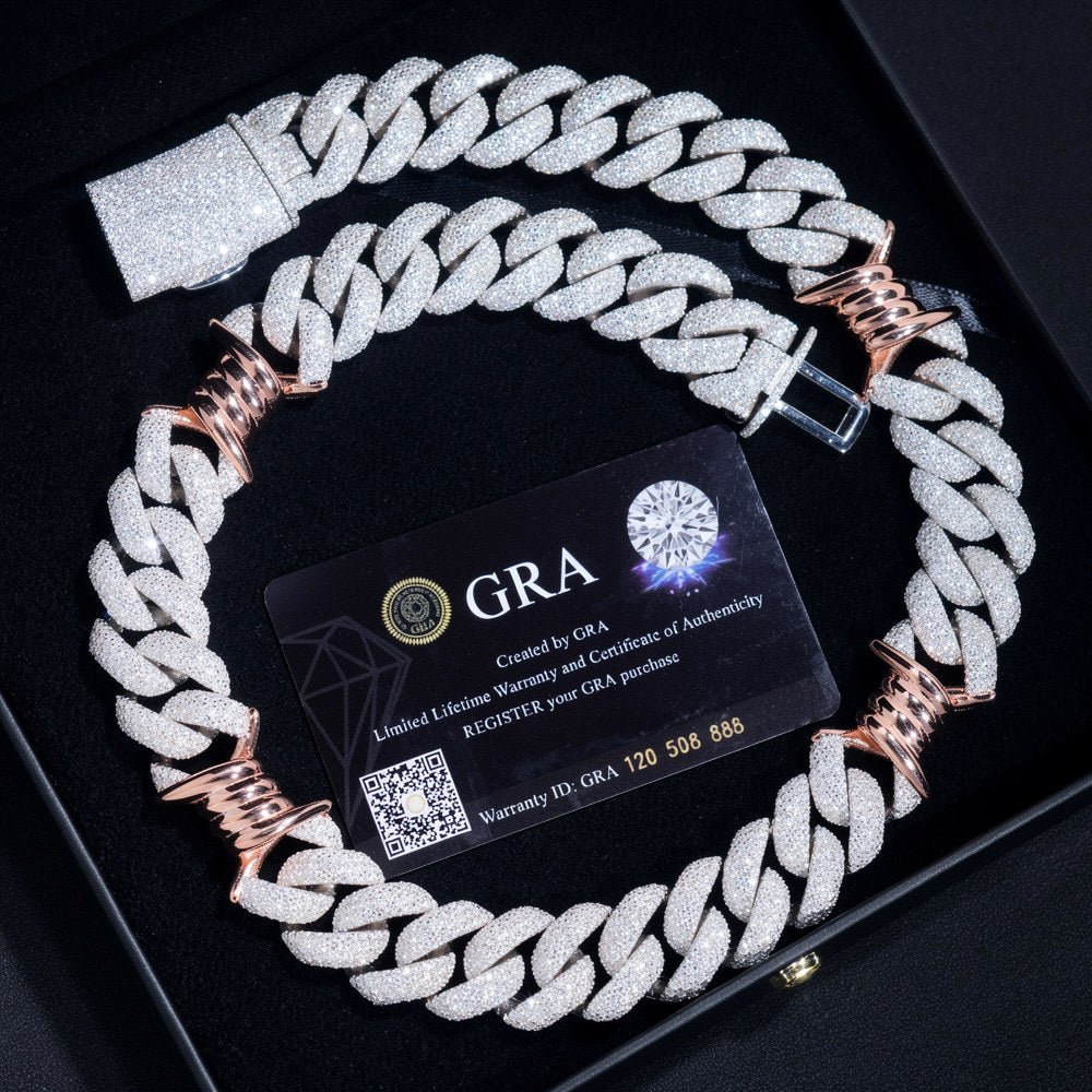 Collana "Two Tone Thorn Cuban" 18mm Argento 925 & VVS Moissanite 4 File