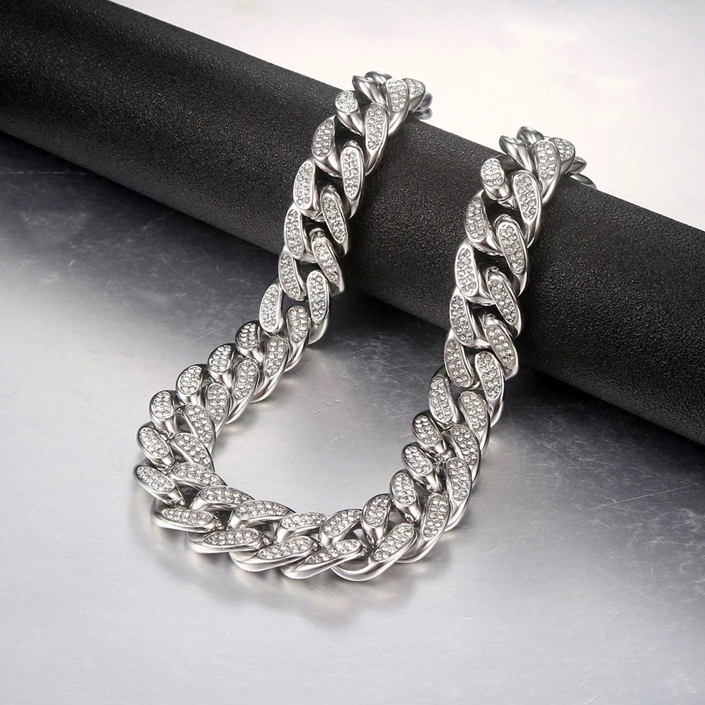 Collana / Bracciale "Cuban Pavé" 16mm Acciaio Inossidabile