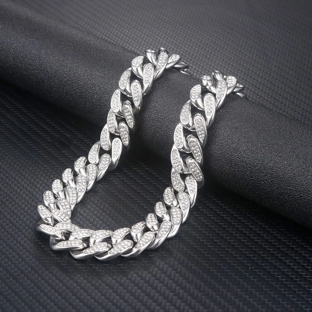 Collana / Bracciale "Cuban Pavé" 16mm Acciaio Inossidabile
