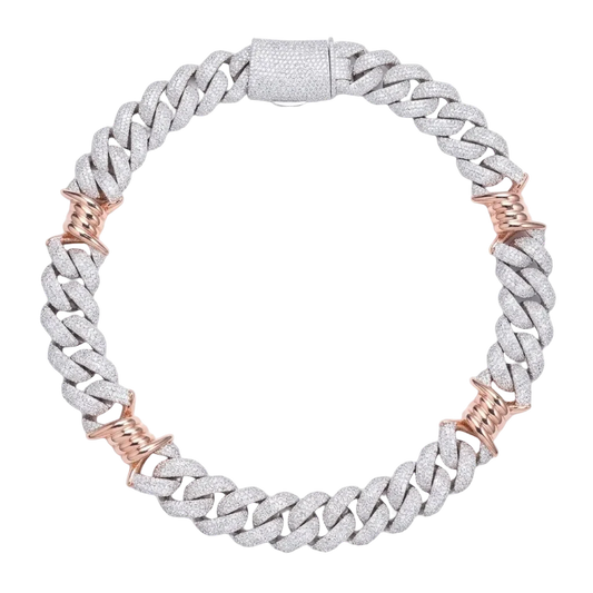 Collana "Two Tone Thorn Cuban" 18mm Argento 925 & VVS Moissanite 4 File