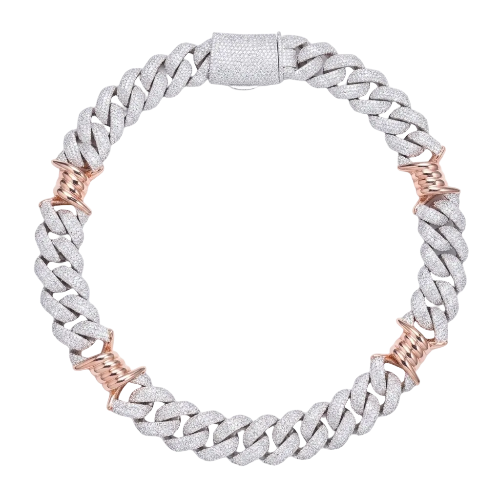 Collana "Two Tone Thorn Cuban" 18mm Argento 925 & VVS Moissanite 4 File